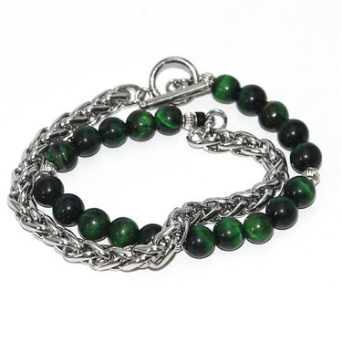 2 n' 1 Men's Wheat Chain & Green Tiger Eye/Lapis Lazuli Stone Bead Bracelet